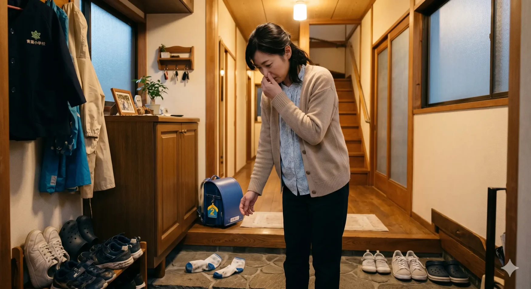 ドッチボールクラブから帰った子どもの靴下の臭いに気づく若いママ