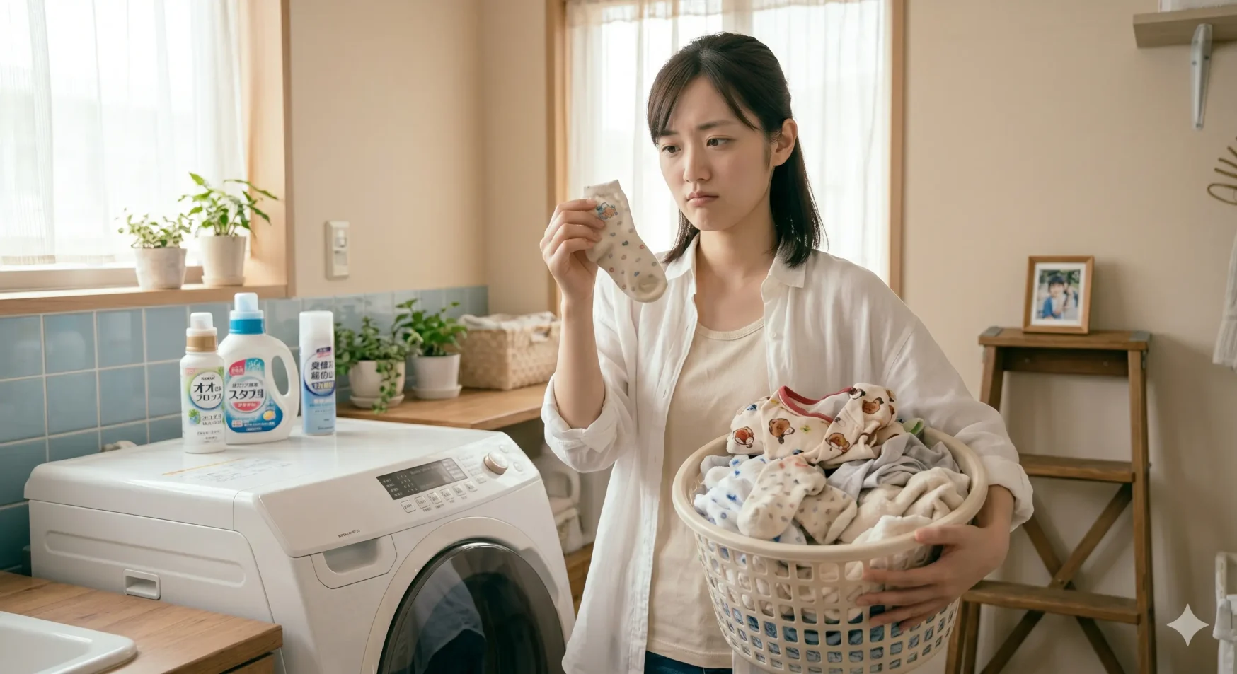 タオルや靴下やシーツの臭い洗濯に悩む若いママ