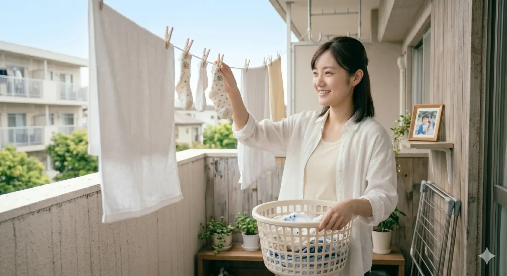 晴れた朝に清潔なタオルと子どもの靴下を外干しする若いママ