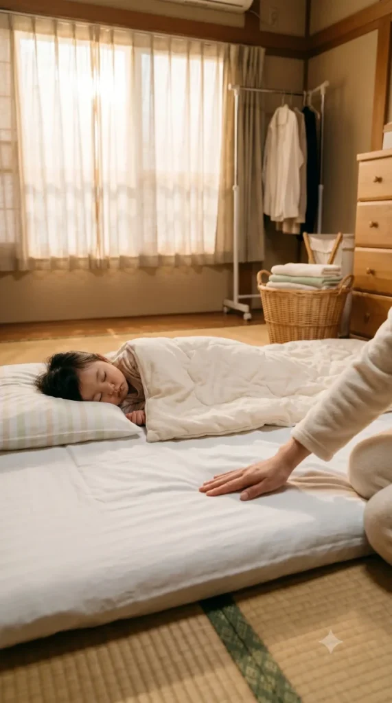 翌朝、きれいになった布団を整えるママと安心して眠る子どもの様子