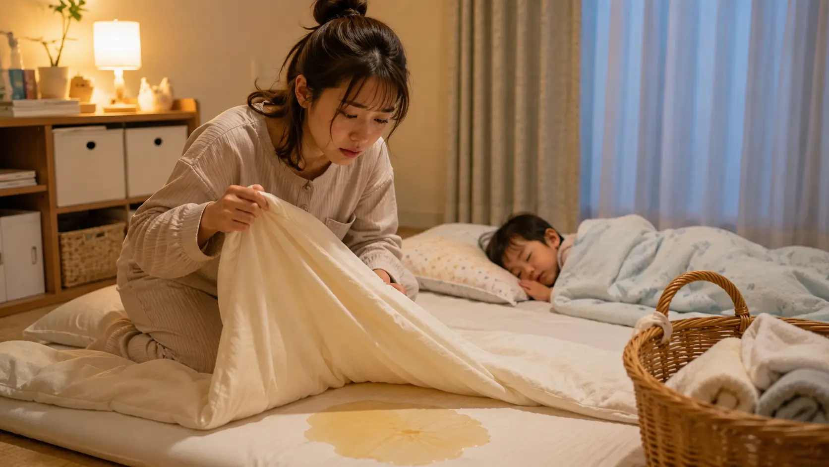 夜中に子どもがおねショした布団を前に、洗濯方法に悩む若いママの様子