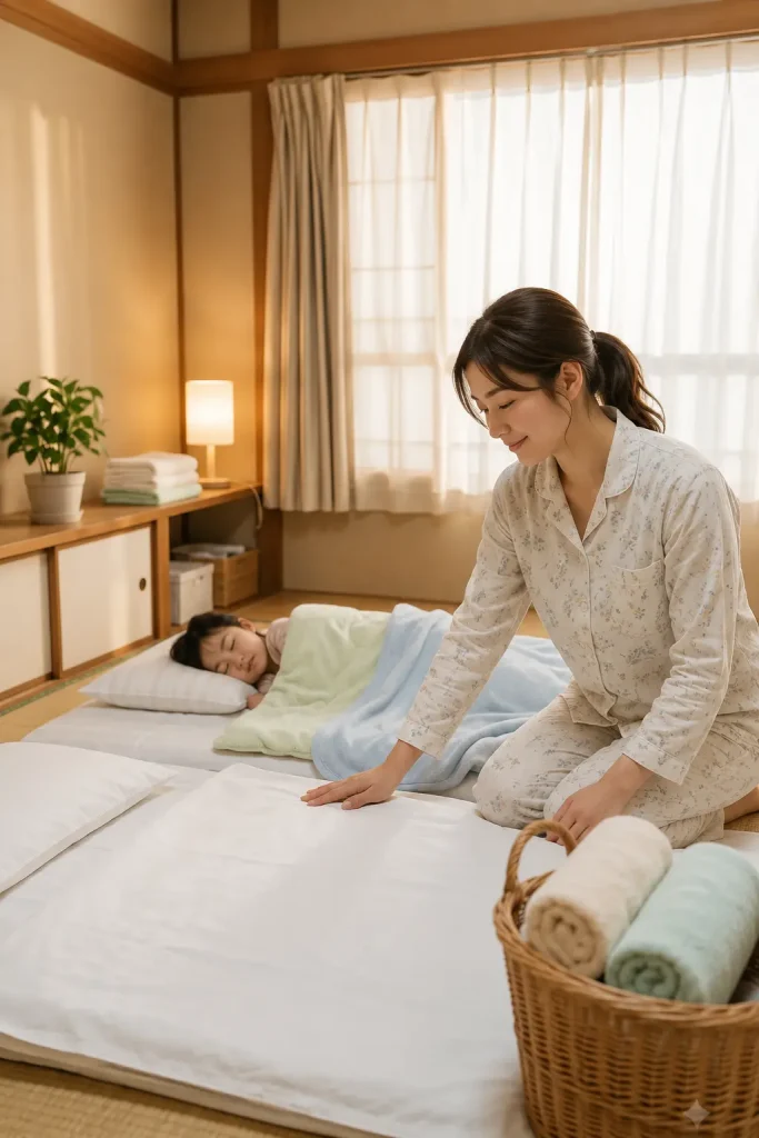 翌朝、きれいになったシーツを整える若いママと、安心して眠る子どもの様子