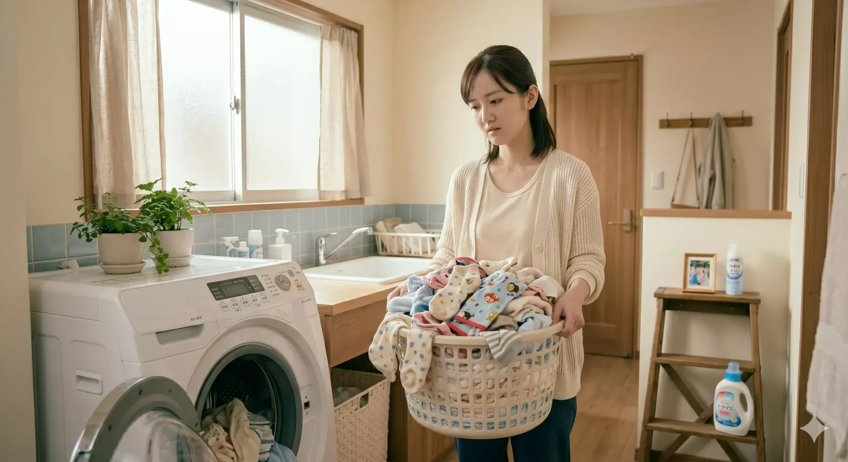 洗濯カゴいっぱいの洗濯物を抱えて、洗濯機の前で疲れた表情をしているママ