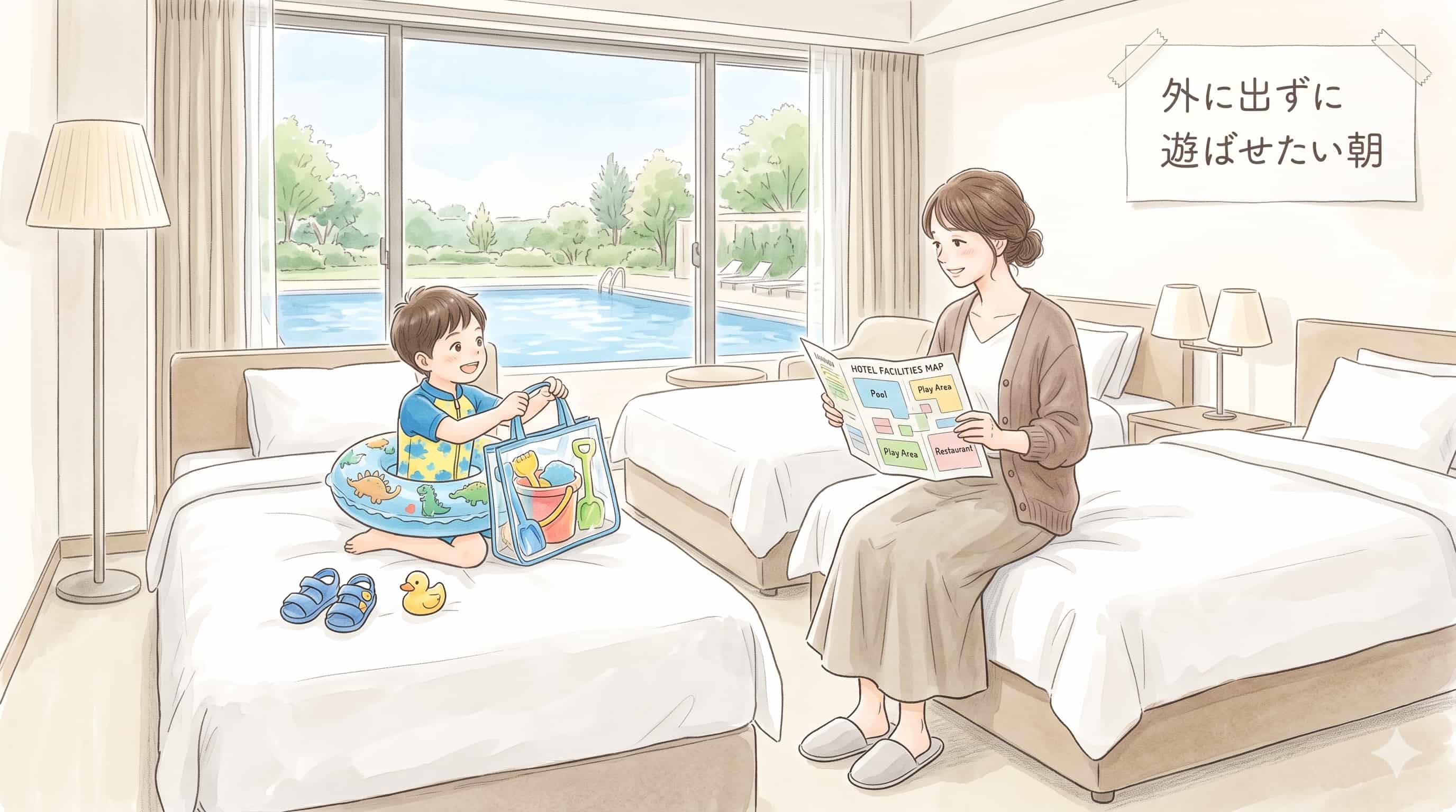 シェラトン・グランデ東京ベイの洋室で、疲れたママが外に出ずに子どもを遊ばせたいと感じている感情画像