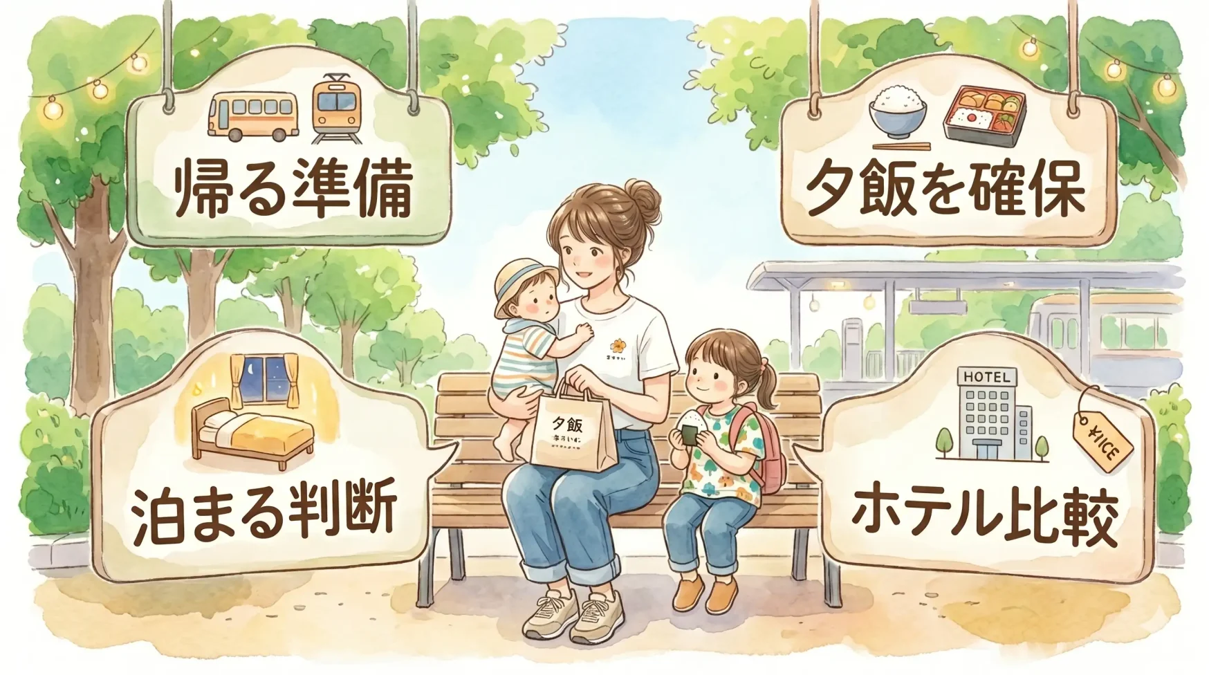 子連れディズニー帰りの記事末で、帰る準備・夕飯確保・泊まる判断・ホテル比較の4つに分かれる回遊用イラスト
