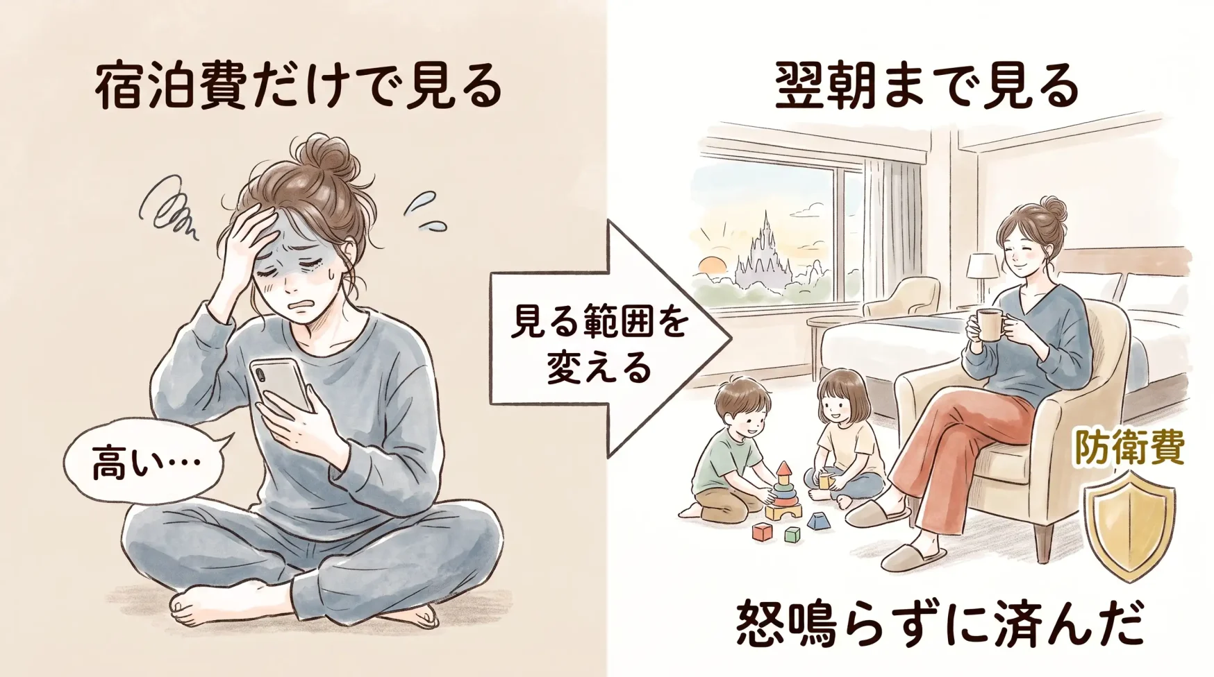 ヒルトン東京ベイを宿泊費だけで見ると高いが、子連れディズニー翌朝にママが怒鳴らずに済む防衛費として考える図解