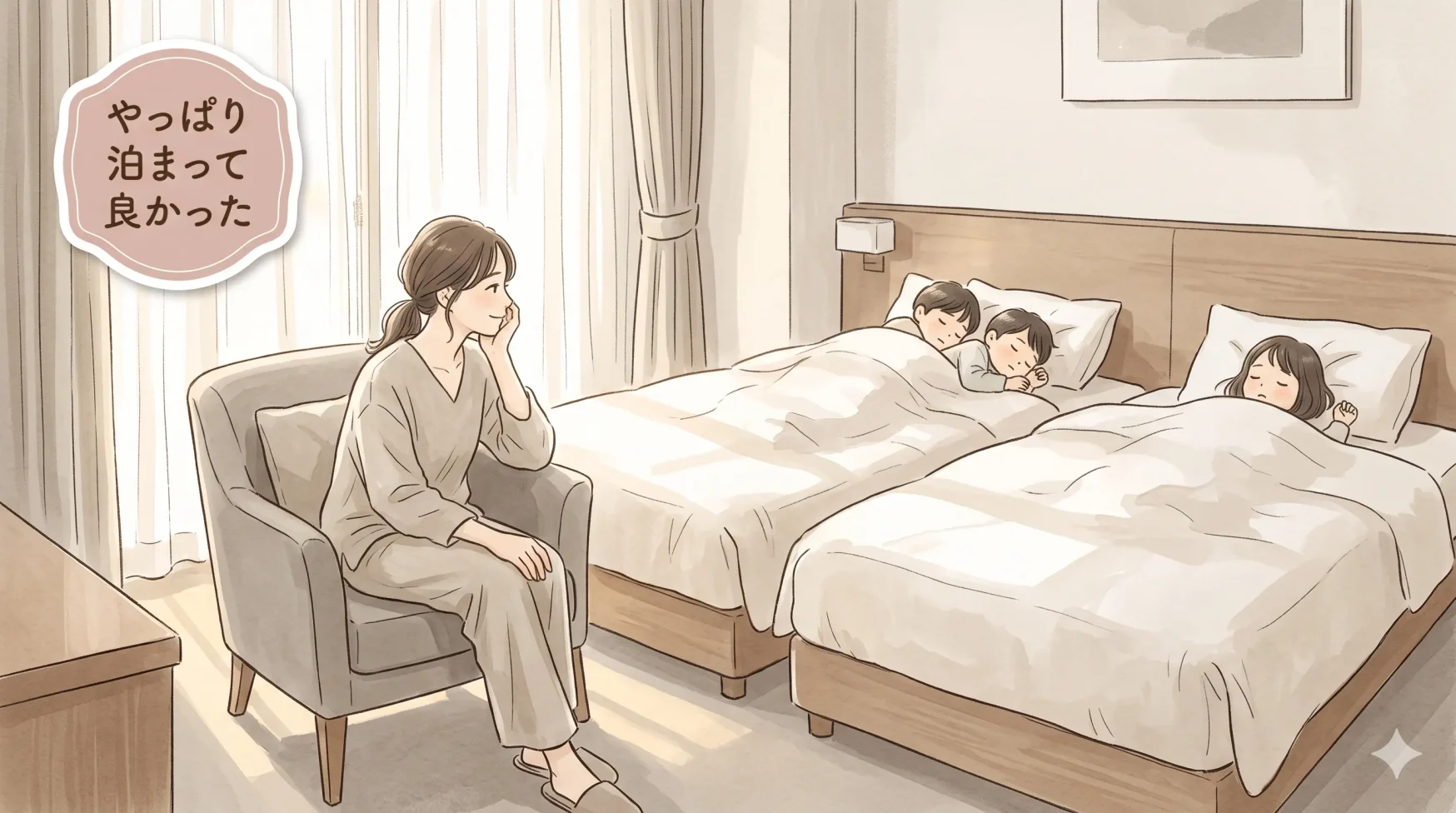 子連れディズニー翌朝にホテルの部屋でママが椅子に座り、眠る子どもたちを見守りながら泊まって良かったと感じているアイキャッチ画像