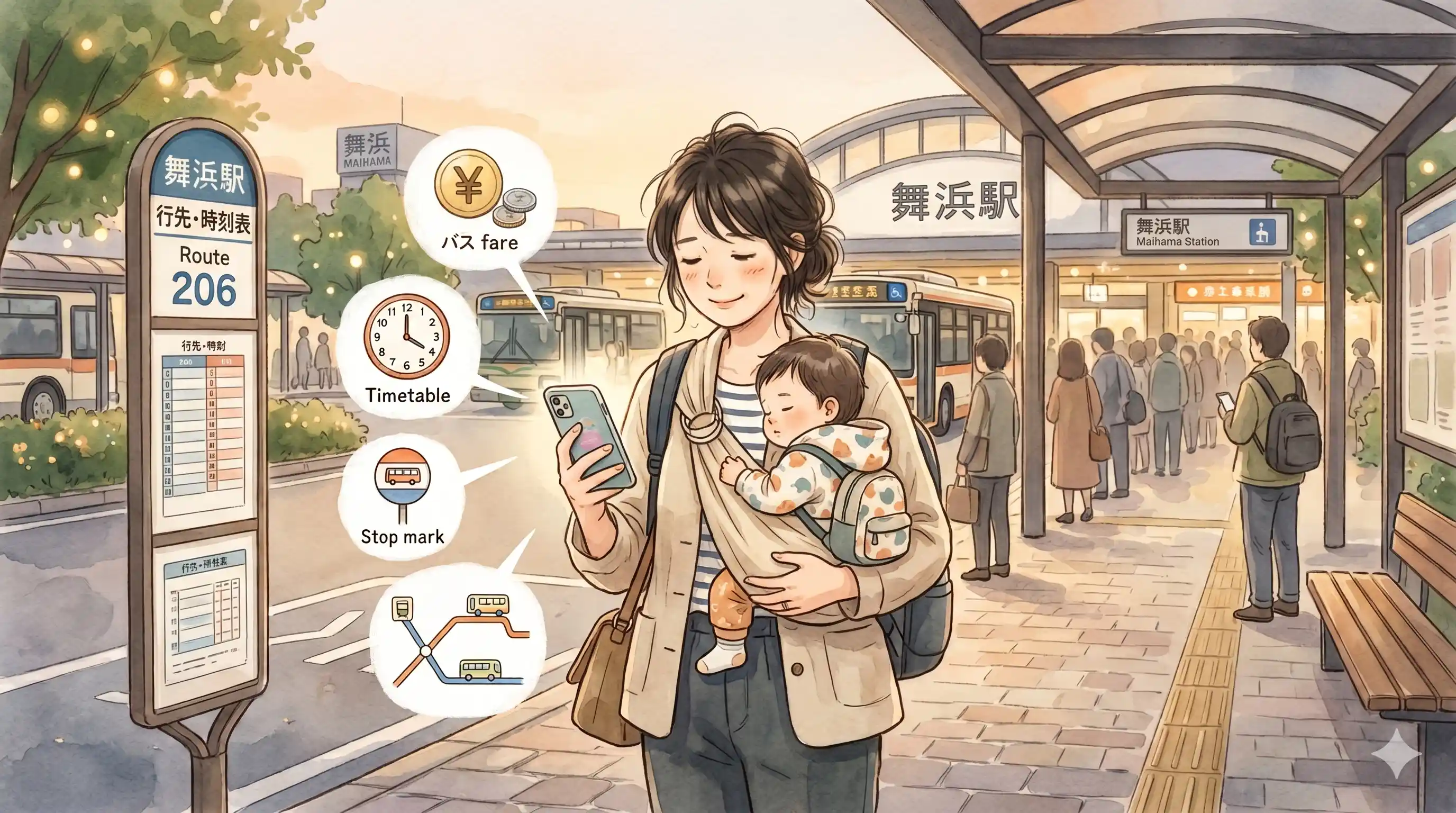 子連れディズニー帰りに池袋行きバスの料金・時刻表・乗り場をスマホで確認するママのイラスト