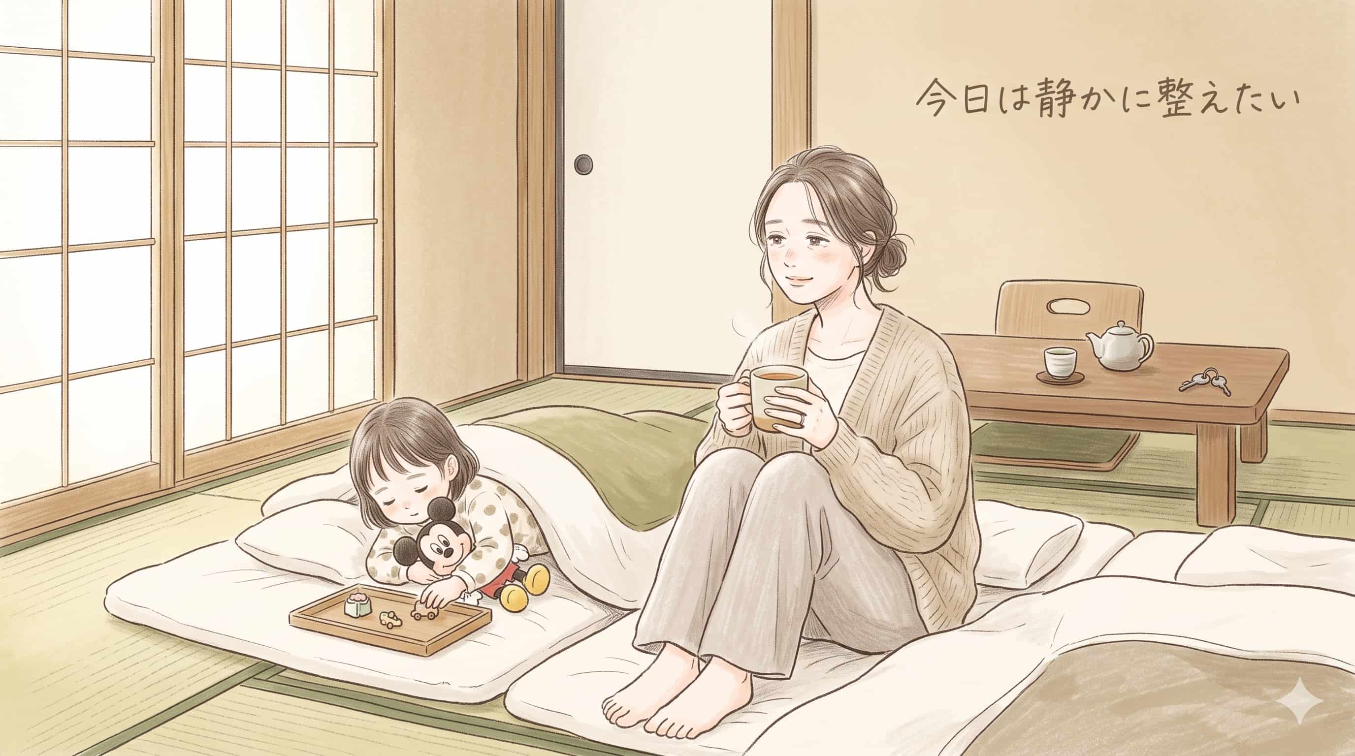 子連れディズニー翌朝に疲れたママが、ホテルの和室で今日は静かに整えたいと感じているイラスト