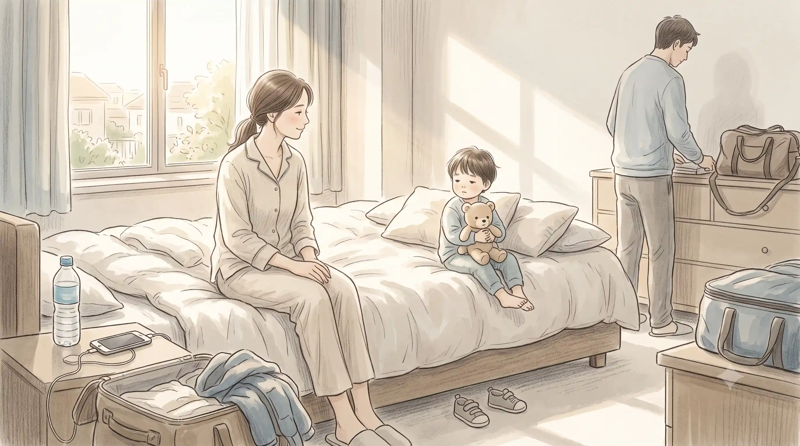 子連れディズニー翌朝に、ホテルの部屋でママが子どもを見守りながら怒らない余白を取り戻しているイメージ画像