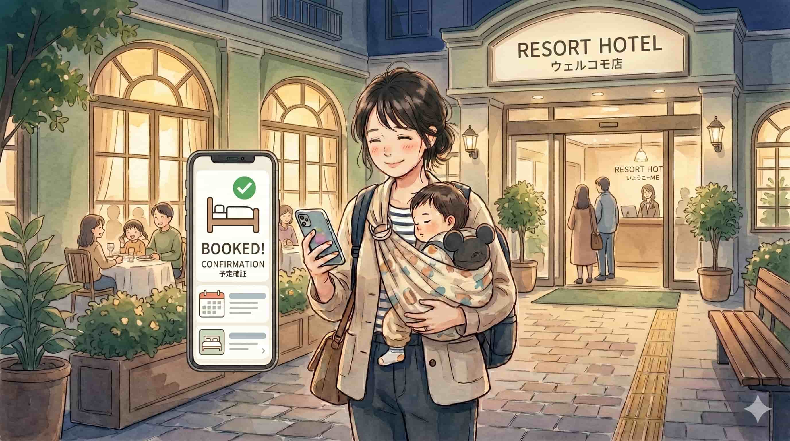 子連れディズニー帰りの夜に、眠った子どもを抱っこしながら近くのホテル空室をスマホで確認して少し安心するママ