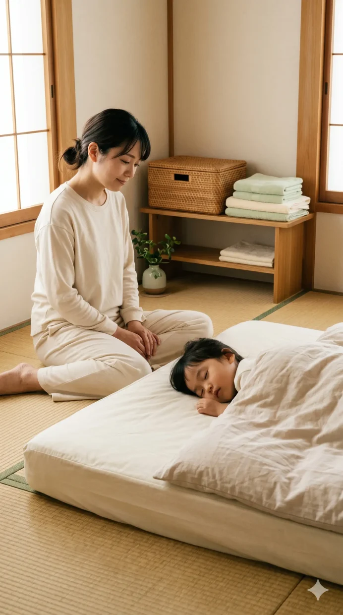 朝の光が入る寝室で、清潔な寝具を整える母親と眠る子どもの様子