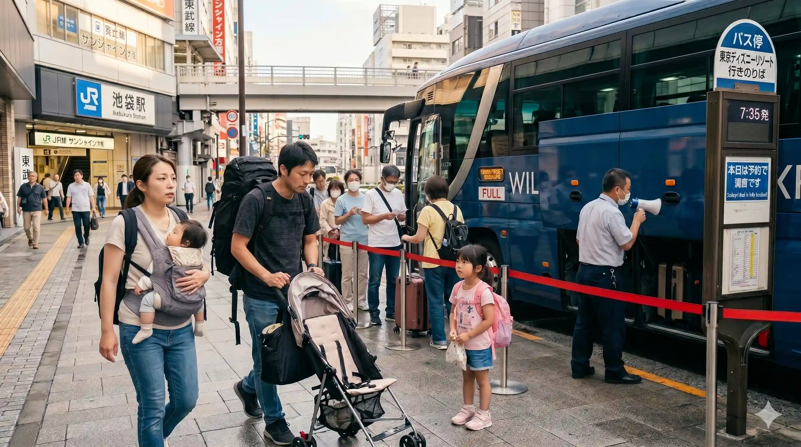 alt：朝の池袋駅バス停でディズニー行きバスが予約満席となり、子連れ家族が乗れずに駅へ向かう様子