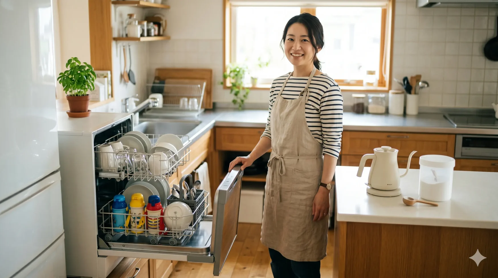 食洗機の前で、きれいになった食器と水筒を見てホッとしているママ