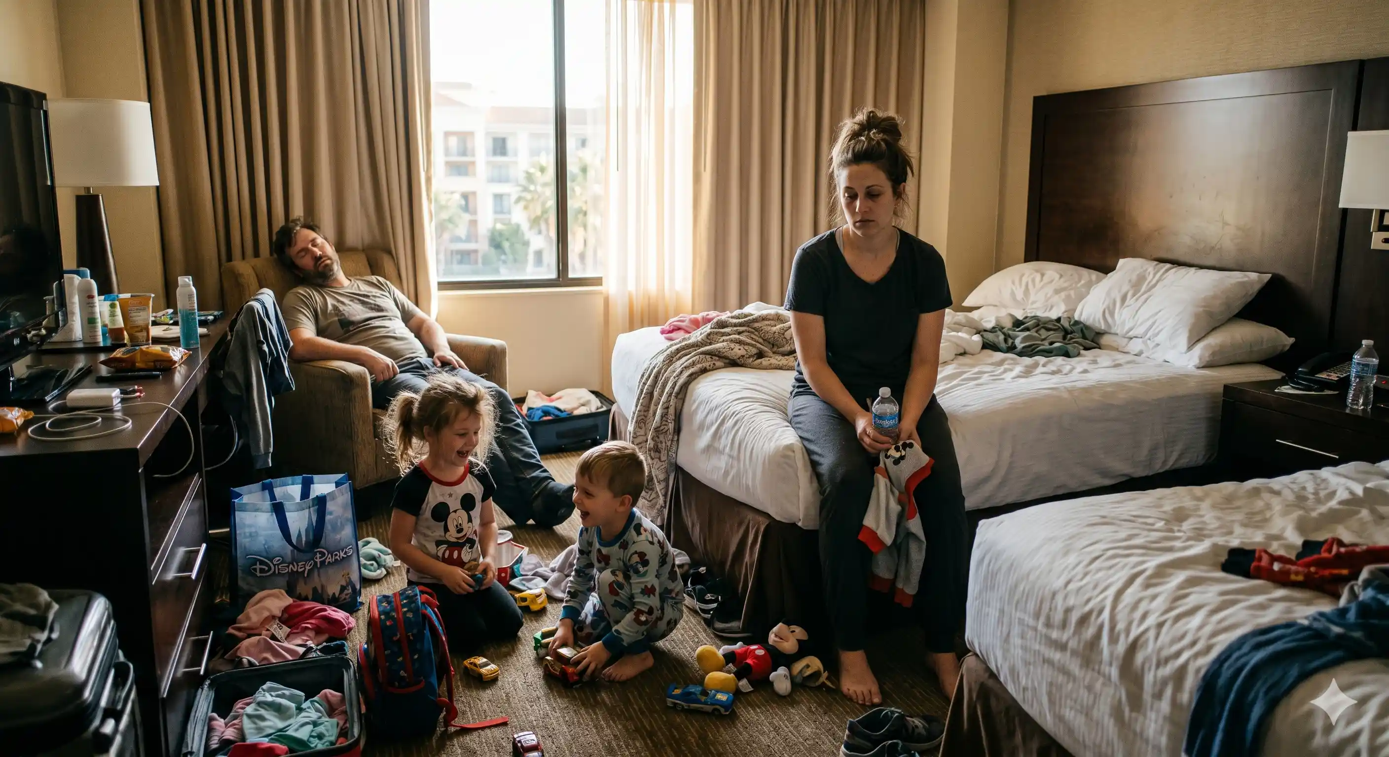 ディズニー翌朝のホテルの部屋で、疲れたママがベッドに座り、子どもたちが床で遊び、パパが椅子で休んでいる様子