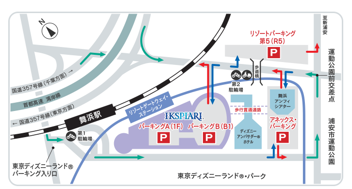 舞浜駅とイクスピアリ、リゾートゲートウェイ・ステーション周辺の位置関係が分かるアクセスマップ