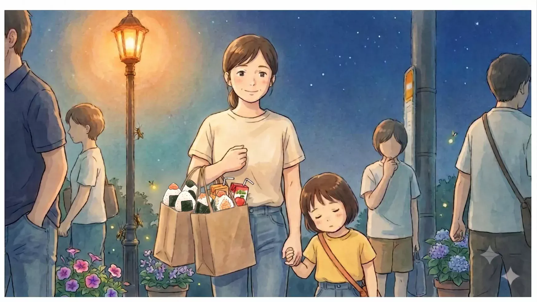 夜のディズニー帰りにテイクアウト夕飯を持って、眠そうな子どもと歩くママ