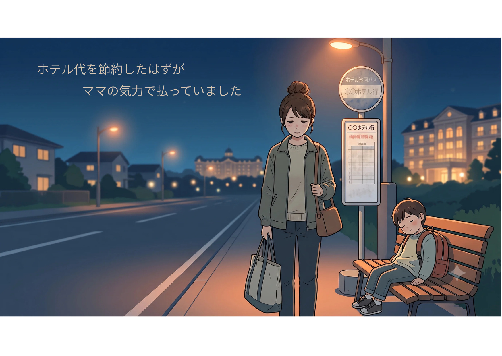 夜のディズニー帰りに遠いホテル行きのバス停で、ベンチで眠る子どもと、荷物を持って疲れた表情で立つママ