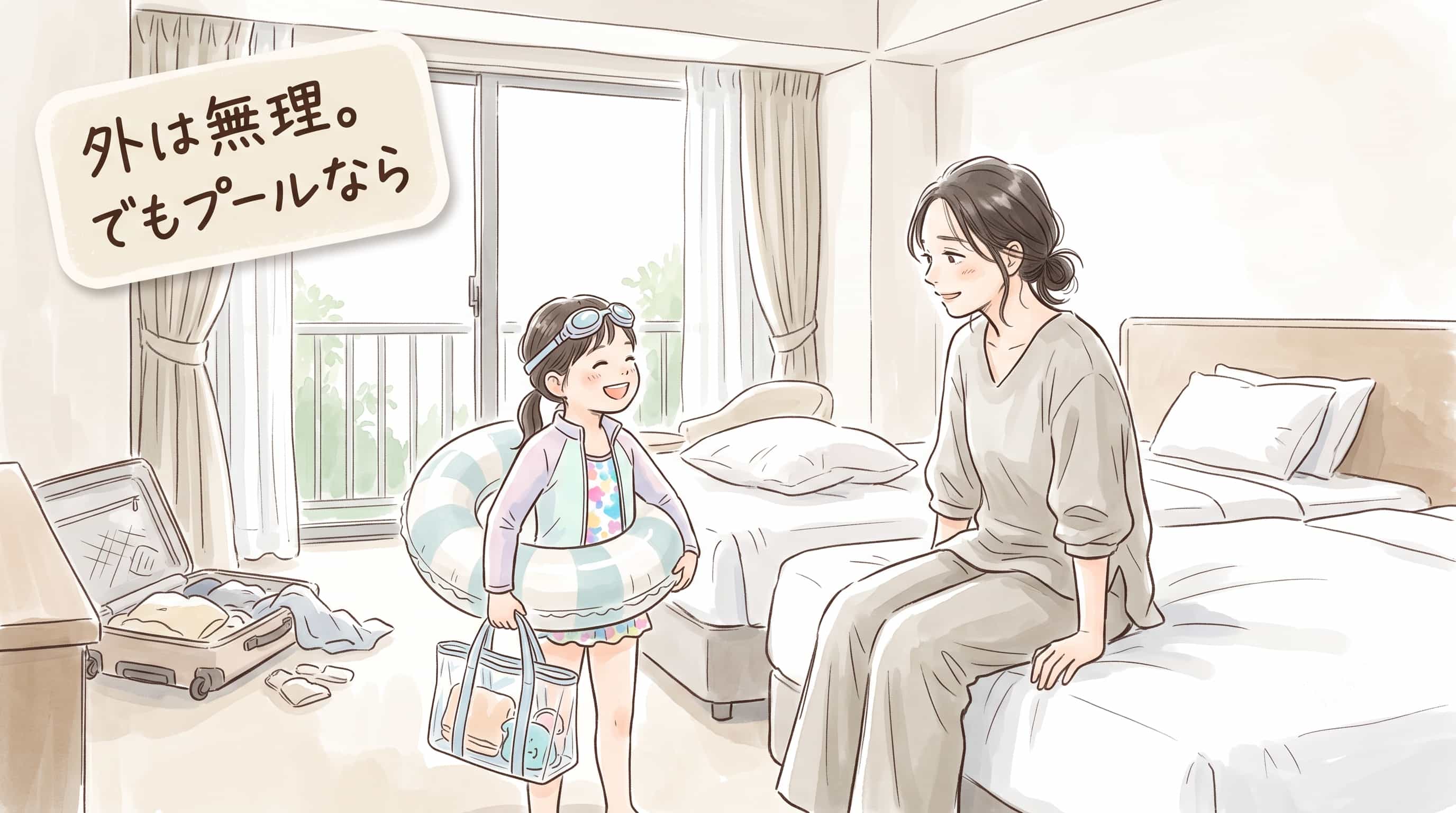 ディズニー翌朝に疲れたママが、ヒルトン東京ベイの部屋でプールに行きたがる子どもを見て、外へ出ずに遊ばせたいと感じているイメージ画像