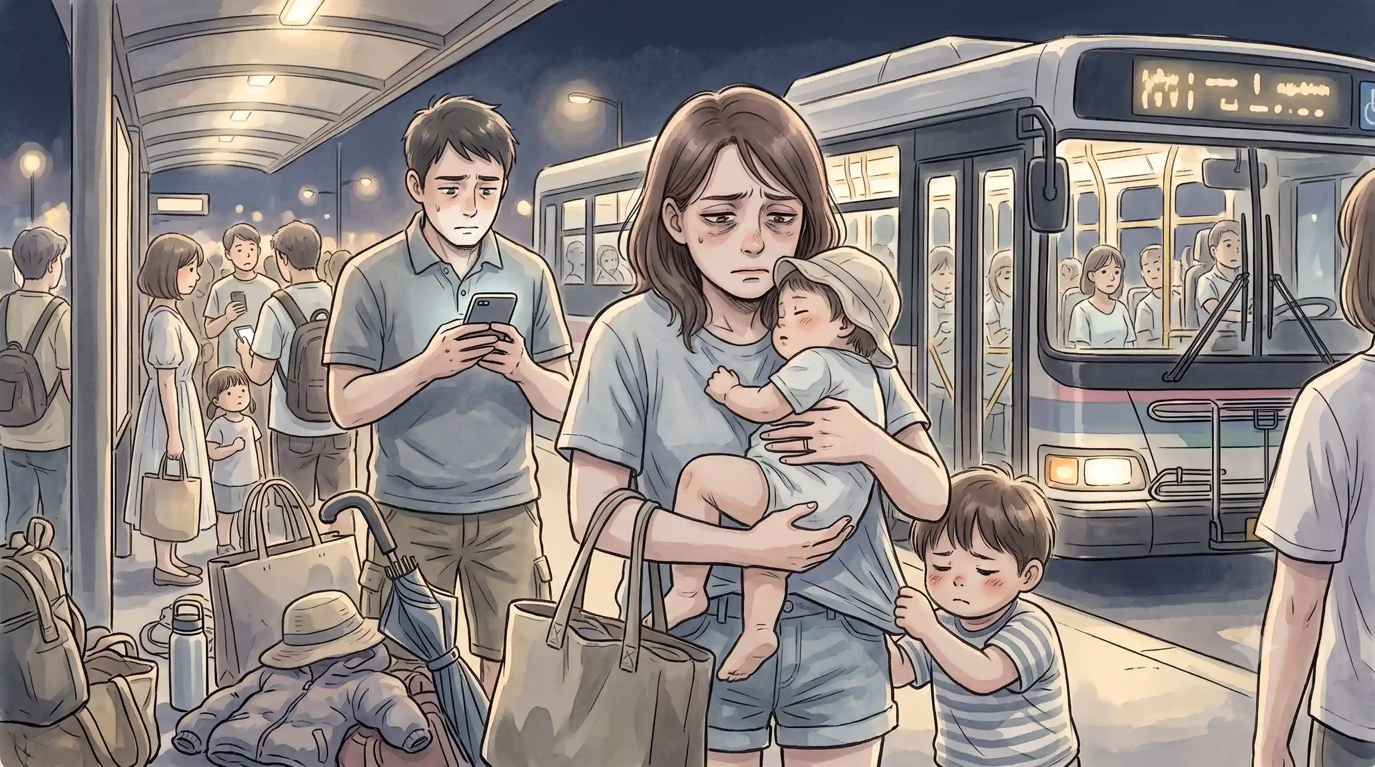 子連れディズニー帰りにバス満席を知り、眠い子どもと荷物を抱えながら限界手前の表情で立ち尽くすママの手描き風イラスト