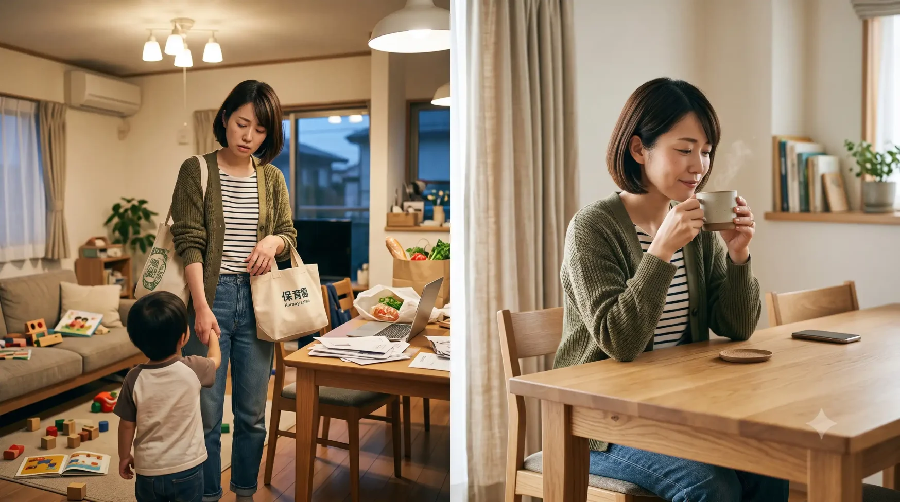 仕事と育児に追われて疲れたママと、家で温かいコーヒーを飲みひと息つく同じママの対比