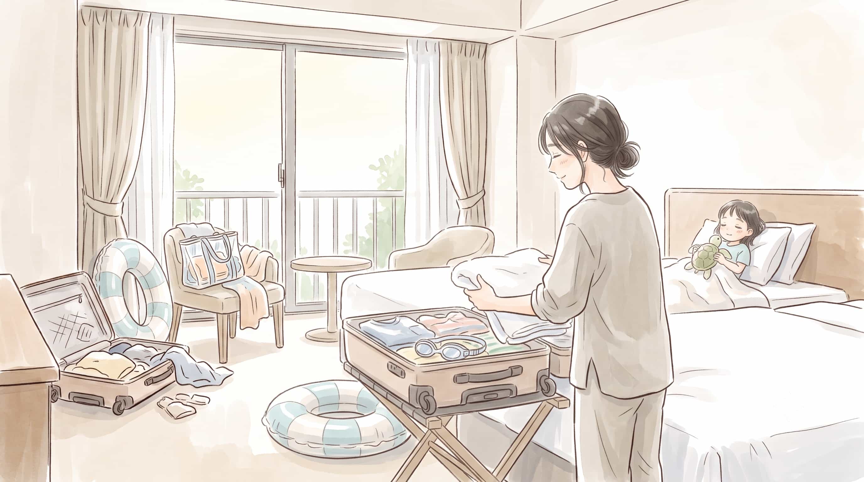ヒルトン東京ベイのプールで遊んだあと、子どもがホテルの部屋で休み、ママが外に出ずに済んでほっとしているイメージ画像