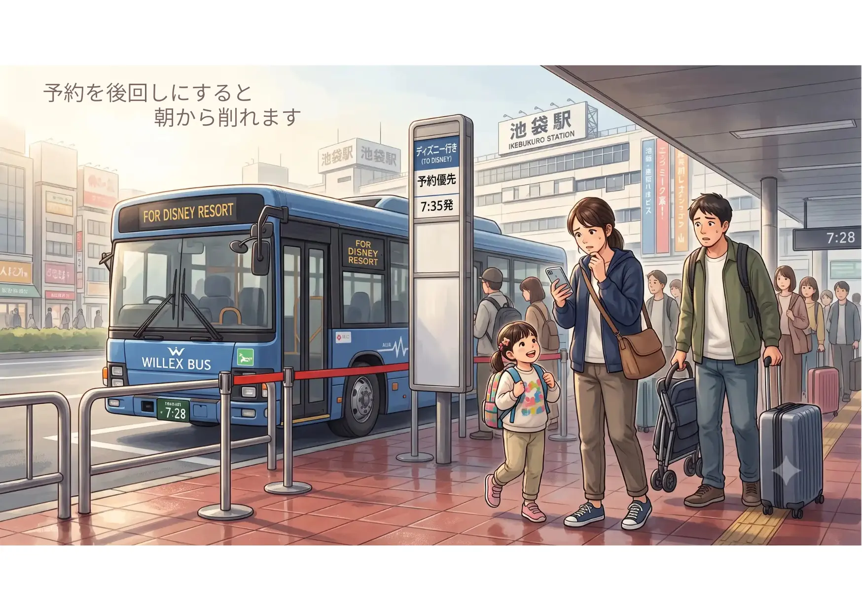 朝の池袋駅バス停で、ディズニー行きバスの予約確認をスマホでするママと、出発を楽しみにする子ども、荷物を持つパパ