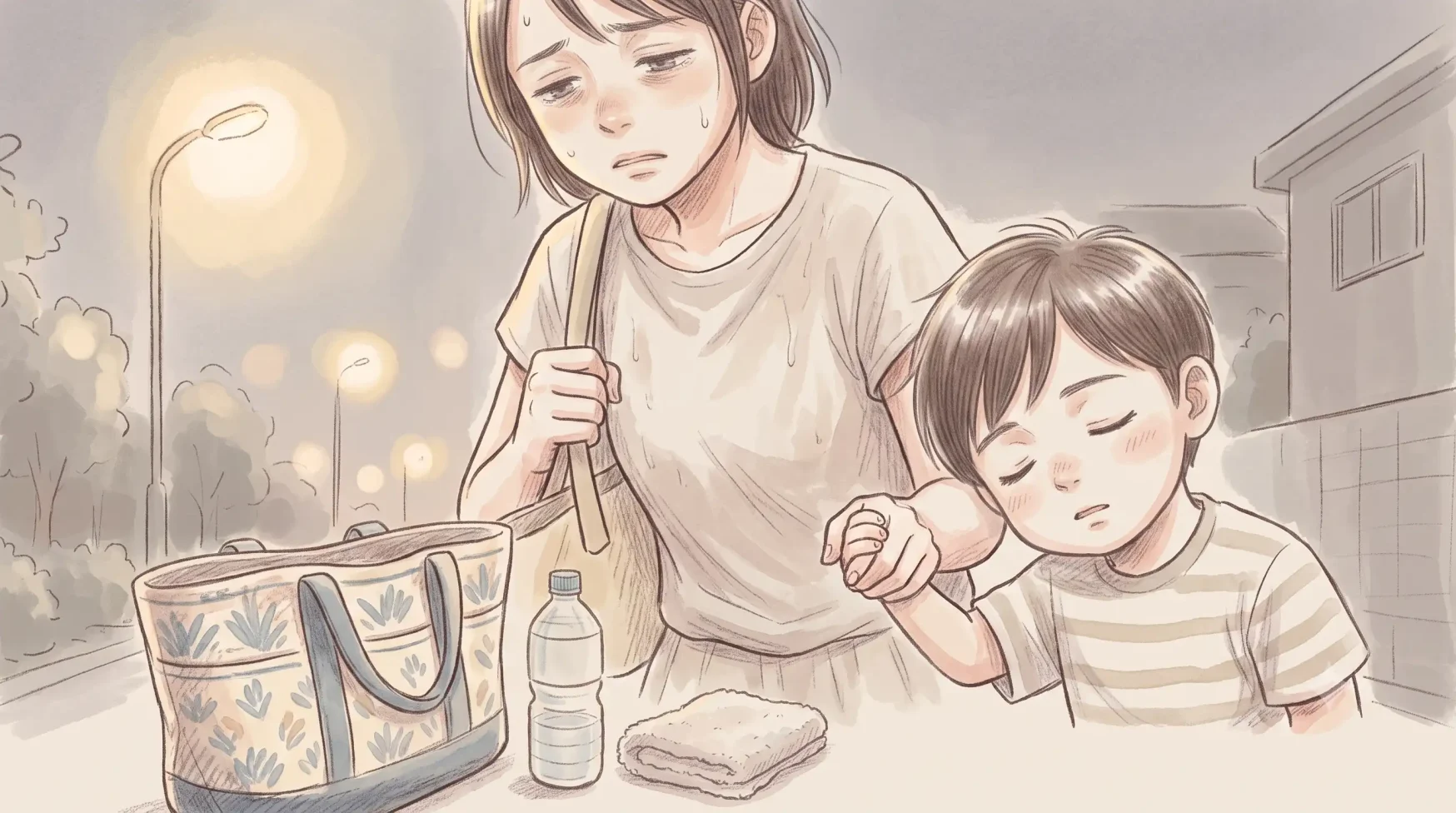 夜のディズニー帰りで荷物と眠い子どもを前に少し疲れた表情で白旗を持つママの手描き風イラスト