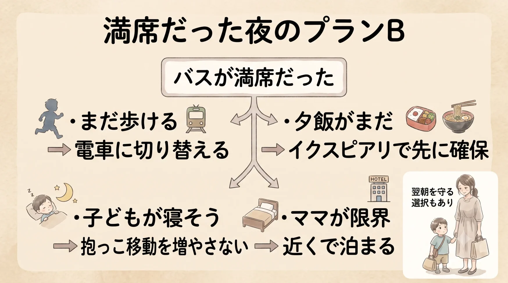 子連れディズニー帰りで池袋行きバスが満席だった時に、電車・夕飯確保・抱っこ移動を増やさない・近くで泊まる選択肢を整理したプランB画像