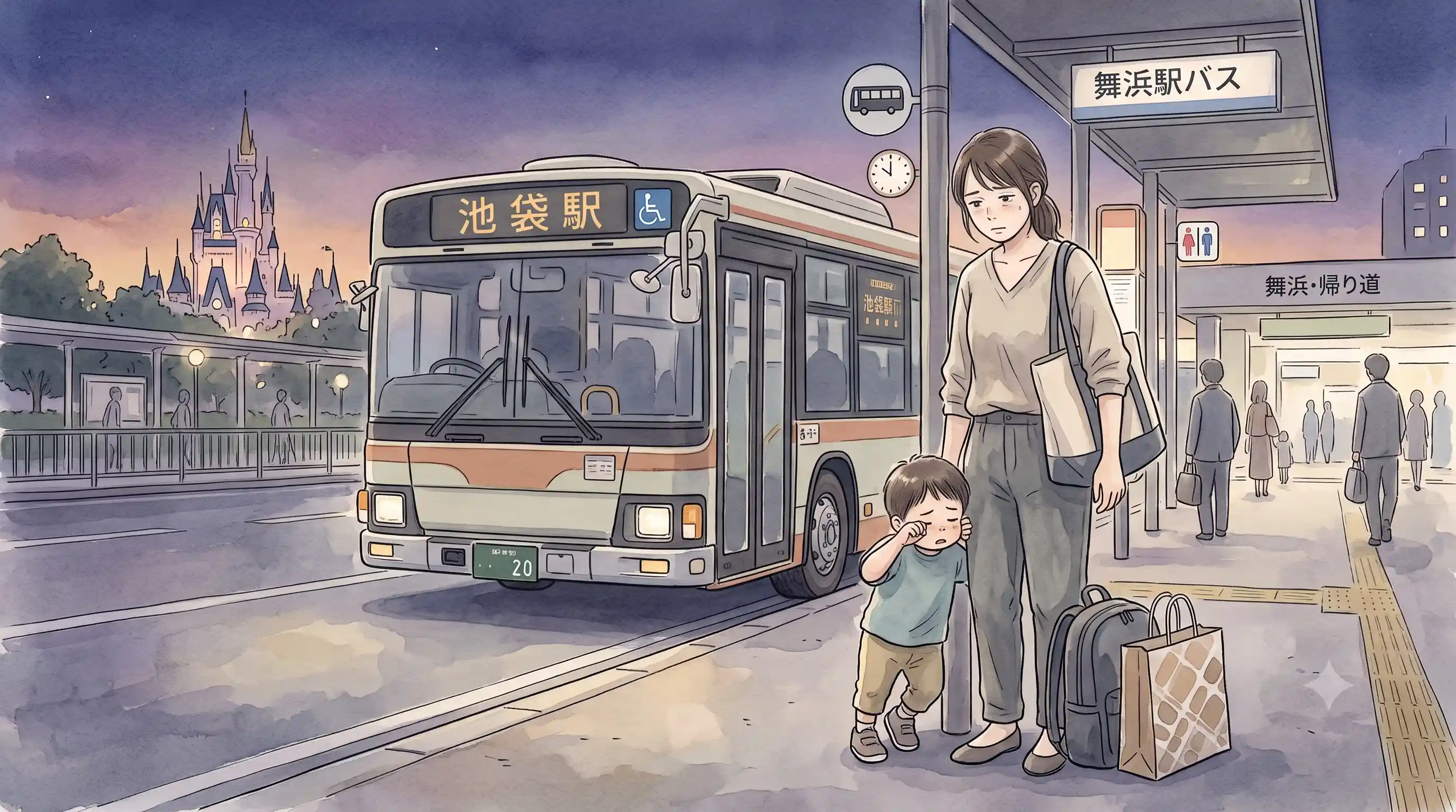 子連れディズニー帰りの夜、舞浜駅近くのバス停で、眠そうな子どもと荷物を抱えながら疲れた表情で立つママ