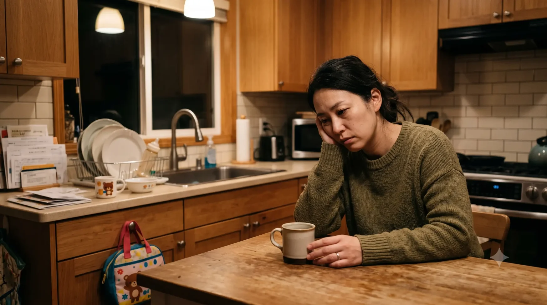 仕事と育児を終えた夜、キッチンでコーヒーを前に疲れて座るママ