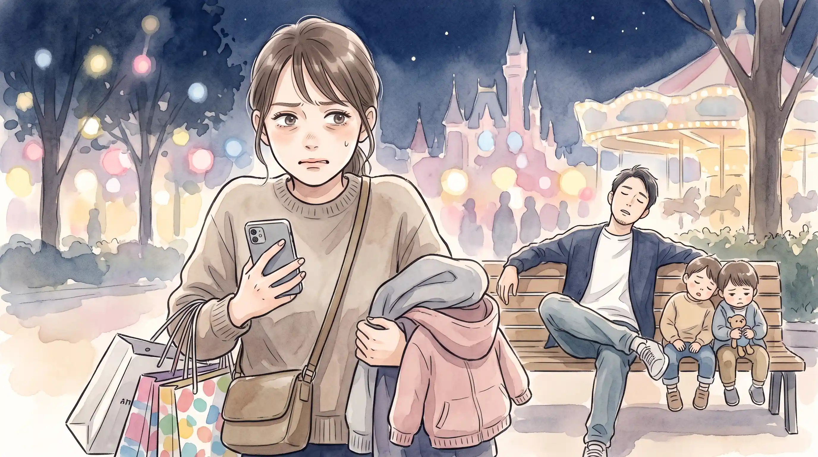 夜のテーマパークでまだ遊んでいる最中、夕飯を探す役目がママにのしかかり、疲れたパパと子どもたちを前に限界手前の表情になるママの手描き風イラスト