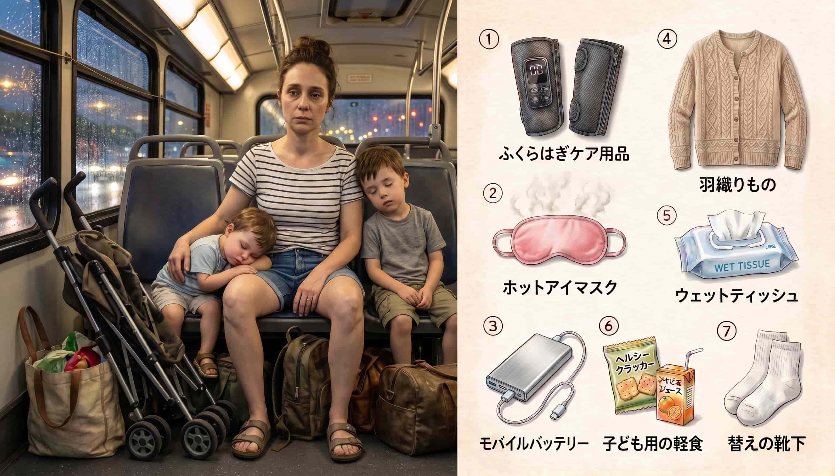 子連れディズニー帰りの夜のバスで、ママが眠る子ども2人に寄りかかられて身動きが取れない場面と、回復持ち物7つを並べた画像