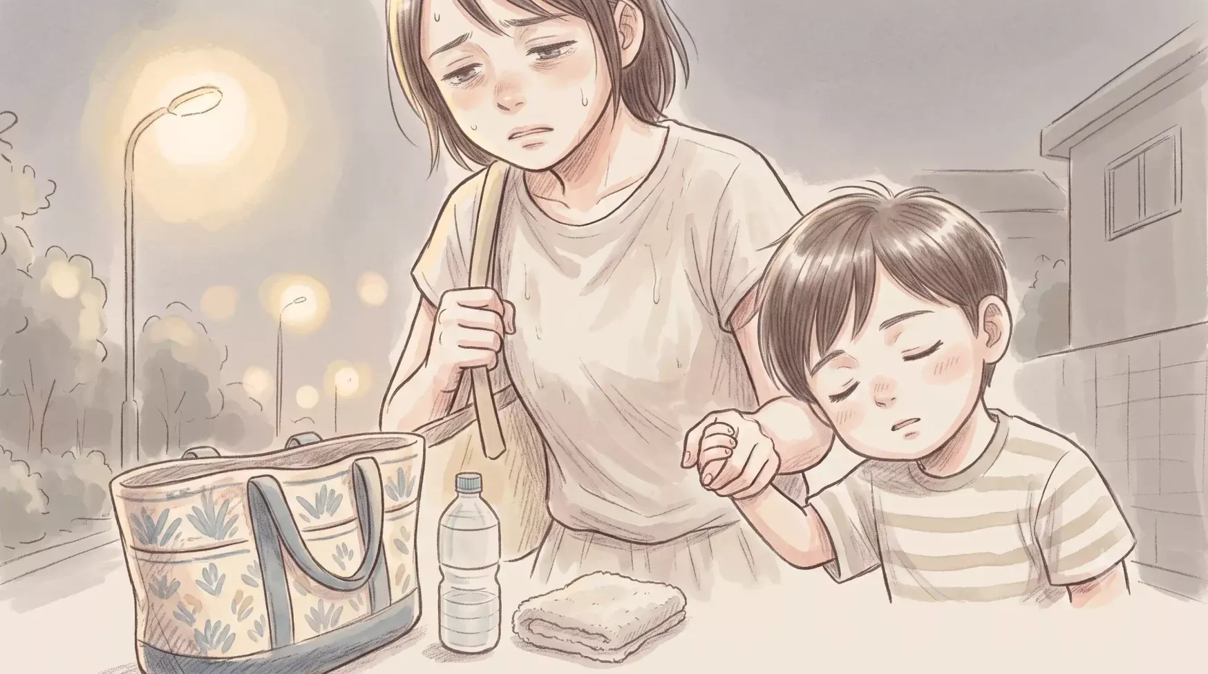 夜のディズニー帰りで荷物と眠い子どもを前に少し疲れた表情で白旗を持つママの手描き風イラスト