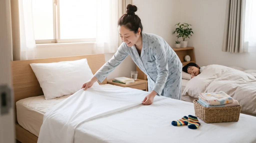 明るい朝の寝室で、乾いた防水シーツを布団に戻し、普通のシーツを整えてほっとしているママの様子