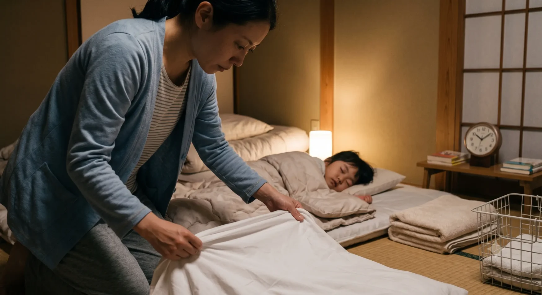 夜中に子どもを起こさないよう静かにシーツを外すママの手元