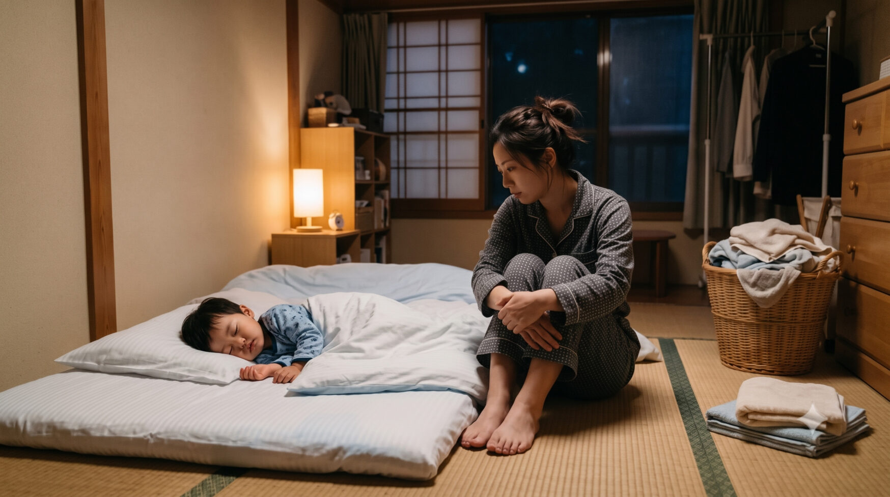 A tired Japanese mother sitting beside her sleeping child at night, with the title asking when vomit smell disappears and how moms can handle laundry without breaking down.