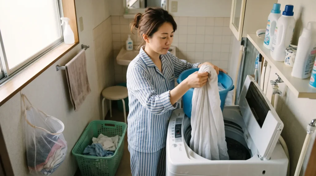 翌朝、つけ置きしておいたシーツを洗濯機へ入れようとしているママの手元