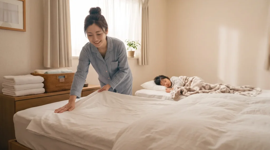 朝の寝室で、洗い終わった白いシーツを整えながら、少しほっとした表情で笑っているママの様子
