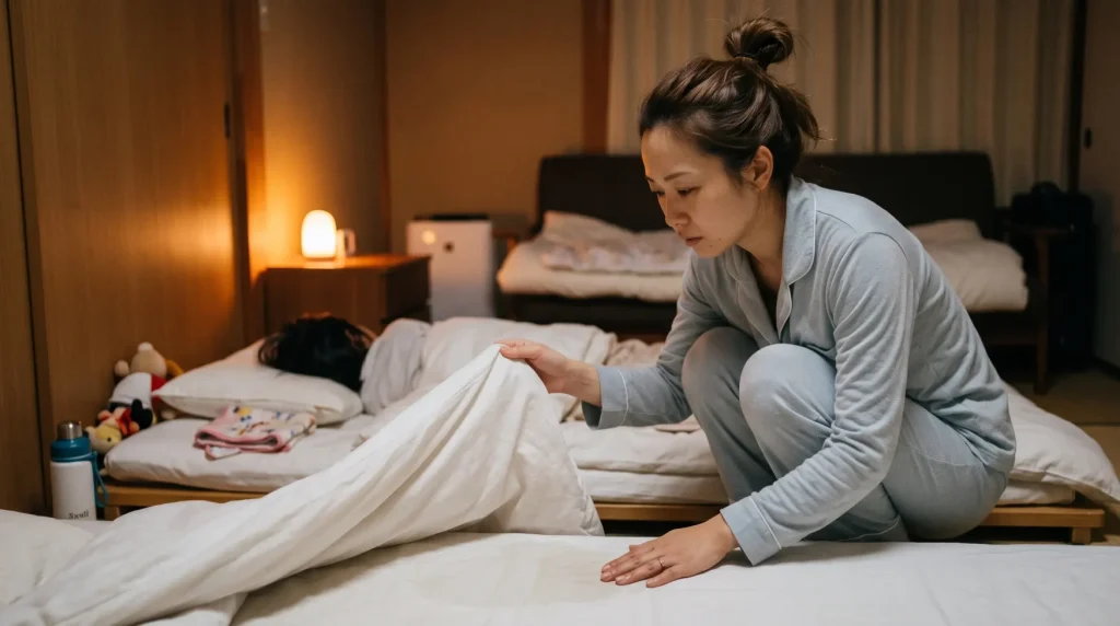 alt： 夜中に子どもが吐いたあと、シーツをめくって布団本体まで濡れているか確認し、静かに固まるママの様子