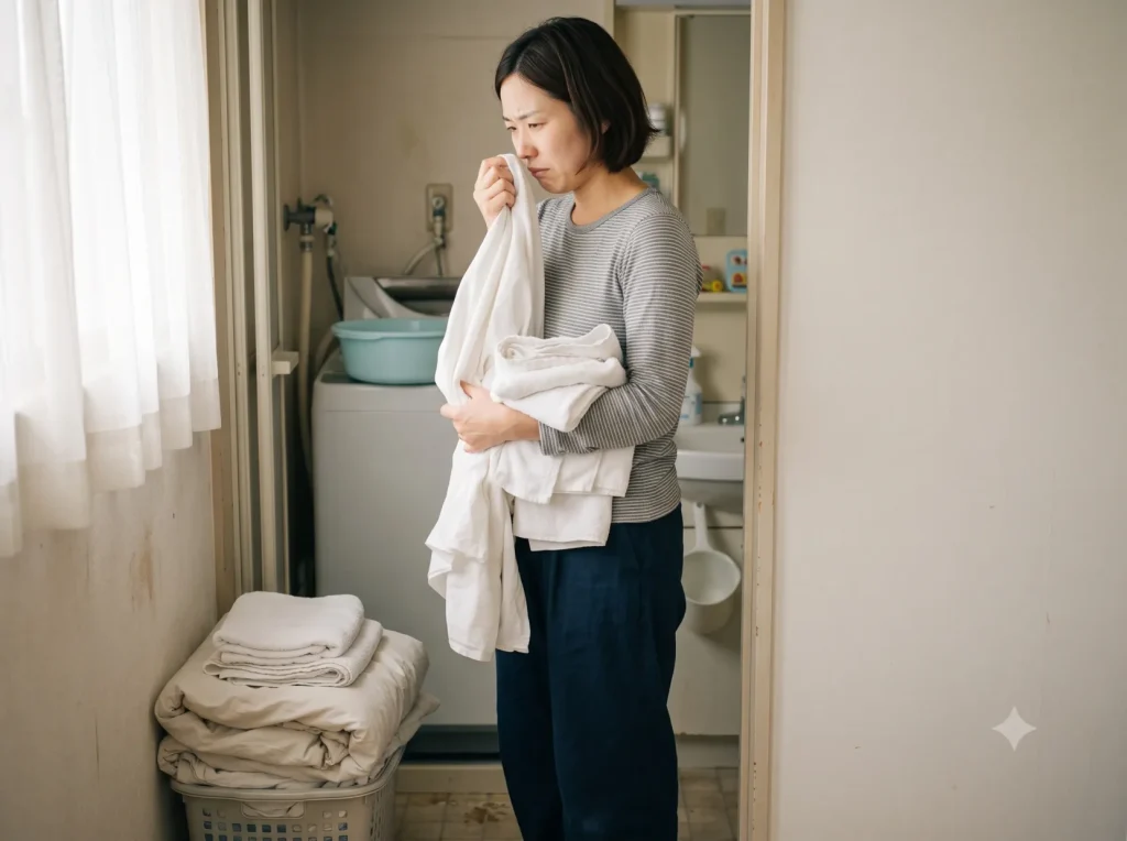 洗ったはずのシーツやタオルに鼻を近づけ、臭い戻りに気づいて少し心が折れたママの様子