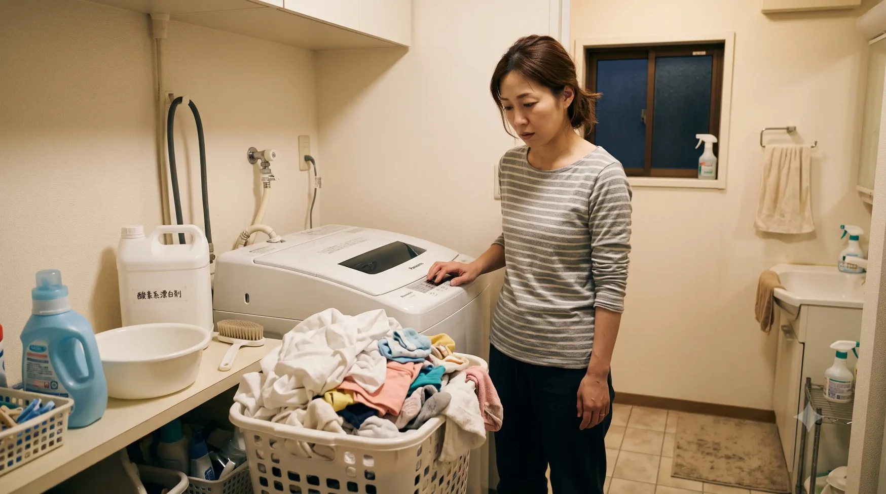 夜の洗面所で、臭いが戻る洗濯物を前に疲れたママが立ち、酸素系漂白剤でつけ置き洗濯をしようとしている様子