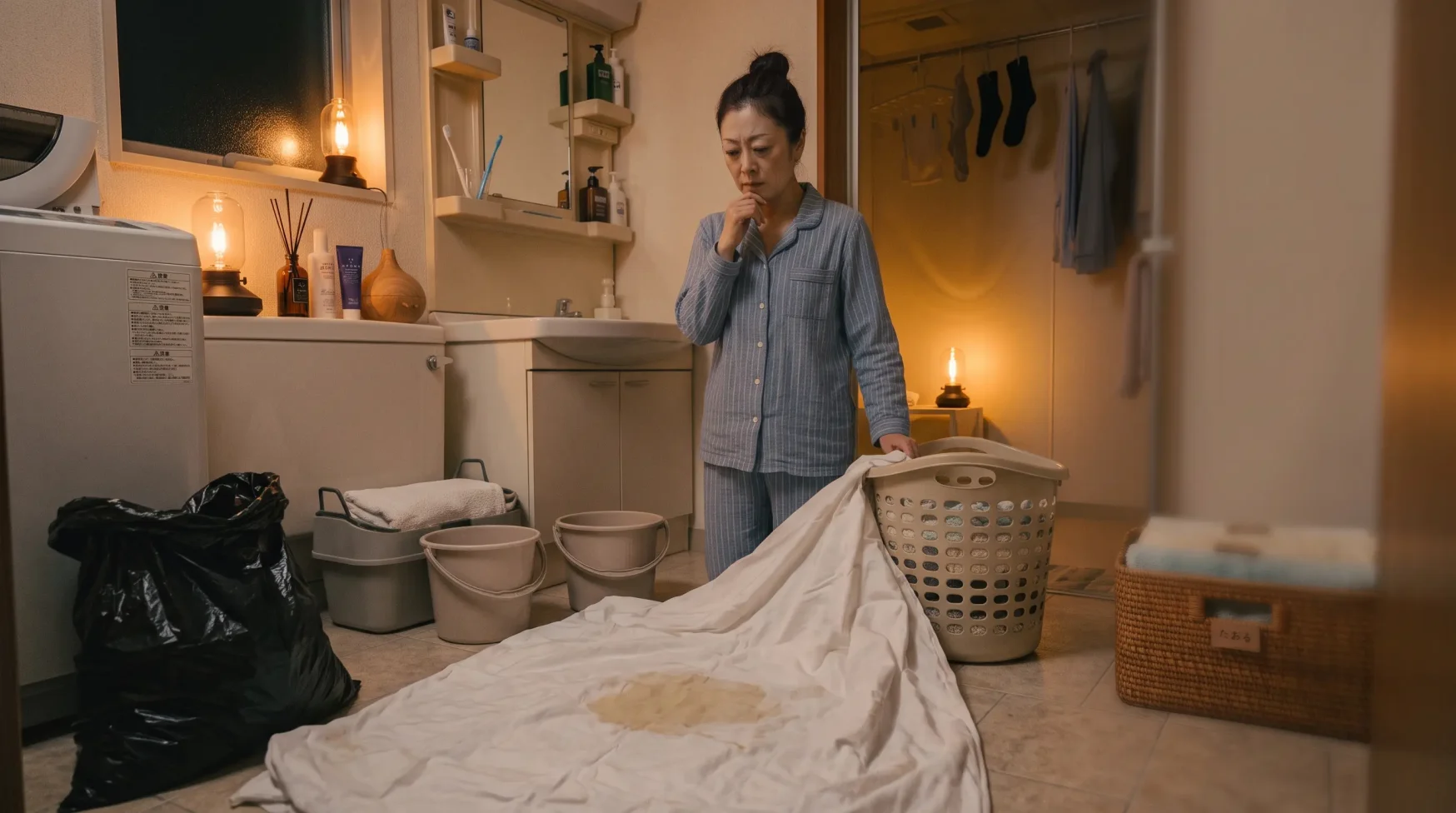 夜中に子どもが吐いたシーツを前に、眠そうな表情で片づけようとしているママの様子
