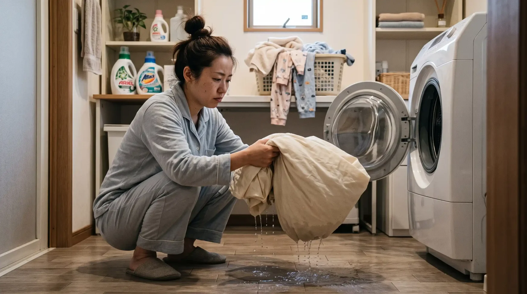 洗濯機から取り出した防水シーツが脱水後もびちょびちょで、床に水が落ちて困っているママの様子