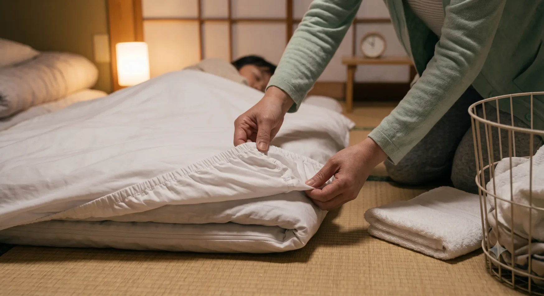 子どもの布団に防水シーツをかけて次の夜に備えるママの手元