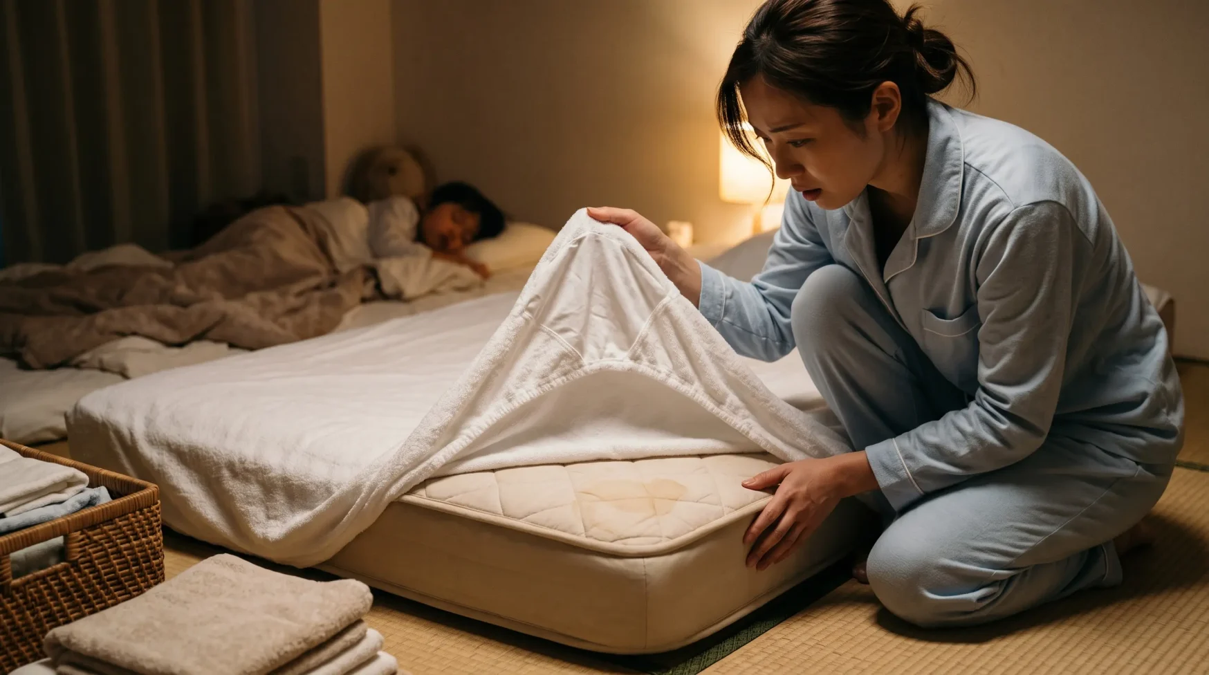 防水シーツを敷いていたのに布団まで汚れてしまい、夜中にママが布団の端を確認している様子