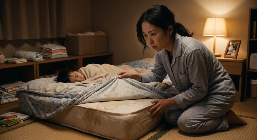 防水シーツを敷いていたのに布団まで汚れてしまい、夜中にショックを受けながら確認しているママの様子