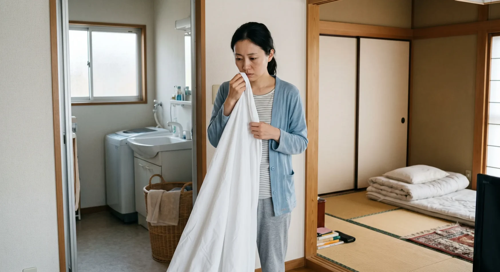 洗ったシーツに鼻を近づけてゲロの匂い戻りに気づき固まるママ