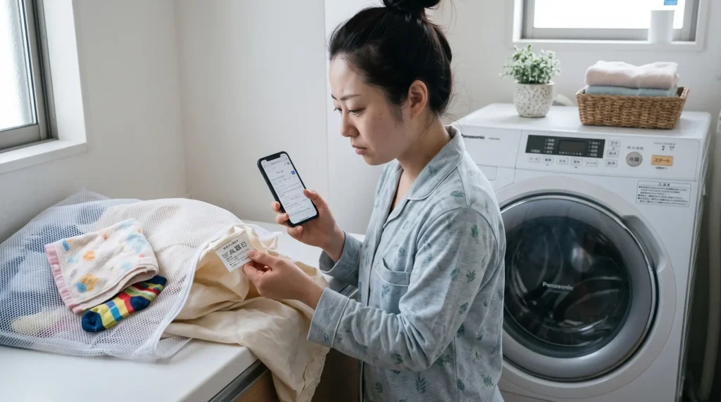 濡れた防水シーツを洗う前に、洗濯表示タグと洗濯機を確認しているママの様子