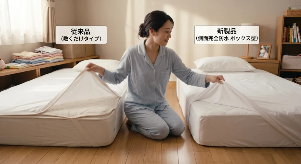 四隅ゴムタイプと側面まで覆える防水シーツの違いを、布団の上で確認しているママの様子